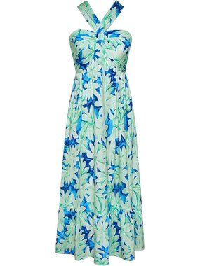 Women's Maxi Dress Lime Flowers Halter Neck Sleeveless A LINE Summer Comfort